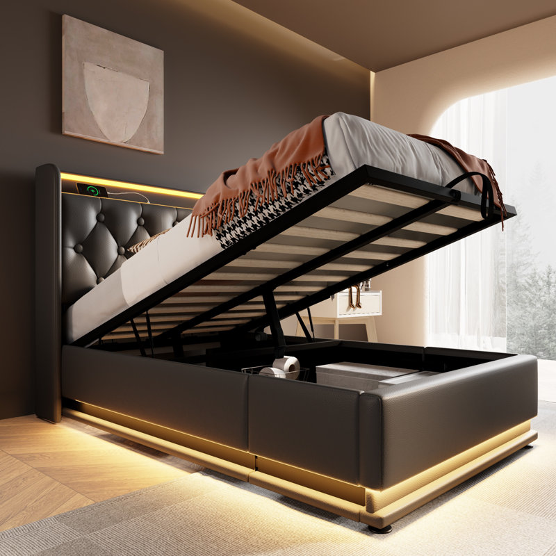 Lit simple tapissier, fonction DEL à 360 degrés, boutons / applications / télécommande, lit de rangement hydraulique avec chargement USB Type-C, noir, polyuréthane (sans matelas)