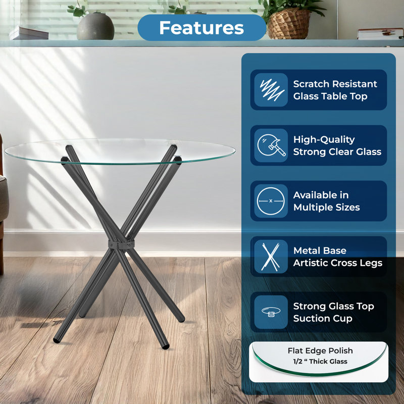 Wrought Studio™ Flat Round Hydra Breakfast Table, Clear 1/2" Thick Glass Dining Table Round with Base, Glass Kitchen Table, Elegant Dining Table for Dining Room