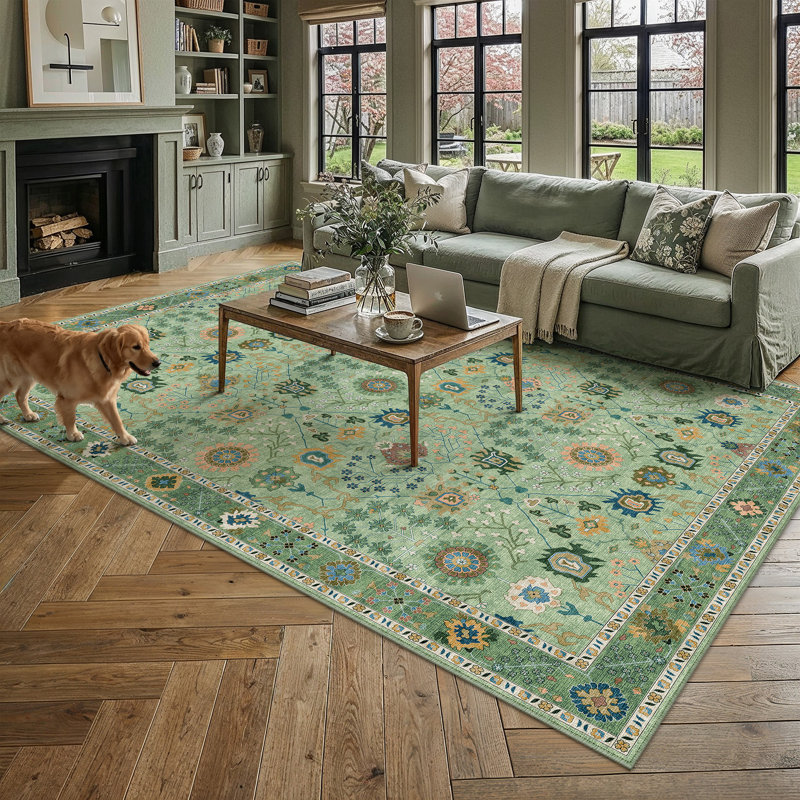 Tapis botanique rétro lavable à la machine avec envers antidérapant, Vert, Rectangle 9 pi x 12 pi