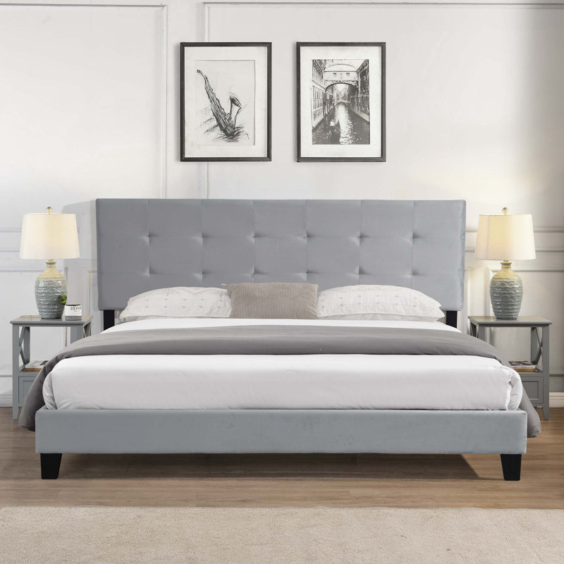 Upholstered Platform Bed with Button Tufted Linen Fabric Headboard, No Box Spring Needed, Wood, King, Heather Gray