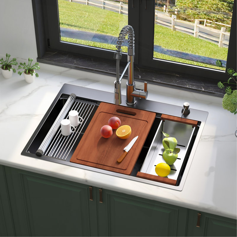30 Inch Topmount Gunmetal Black Workstation 18 Gauge Stainless Steel Kitchen Sink With Black Spring Neck Faucet