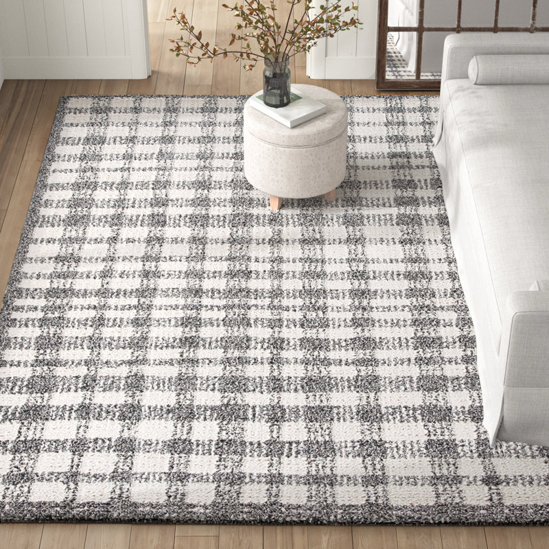 Tapis ivoire / noir touffeté à la main Plaid, Rectangle 8 pi x 10 pi