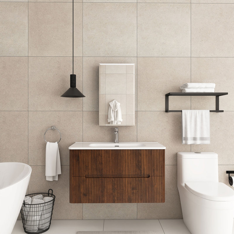 36'' Wall-Mounted Single Bathroom Vanity With Integrated Ceramic Top, Walnut