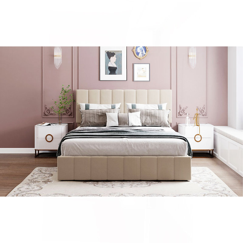 Grand lit plateforme tapissier avec système de rangement hydraulique - beige
