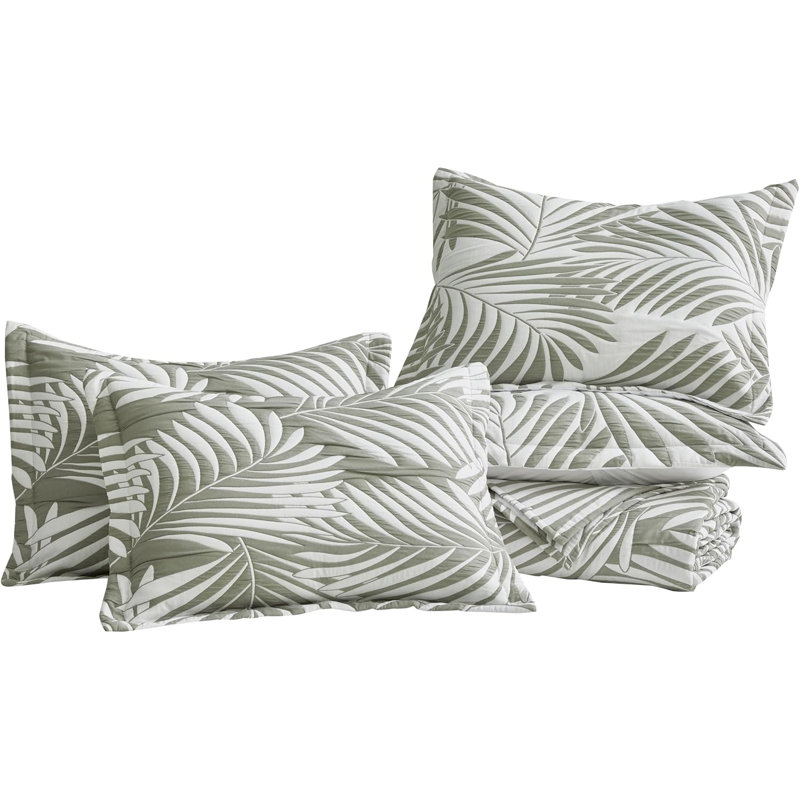 5-Piece Oversized Jacquard Matelasse Leaf Damask Bedspread Set, Queen Coverlet + 4 Standard Shams, White/Platinum Gray Floral