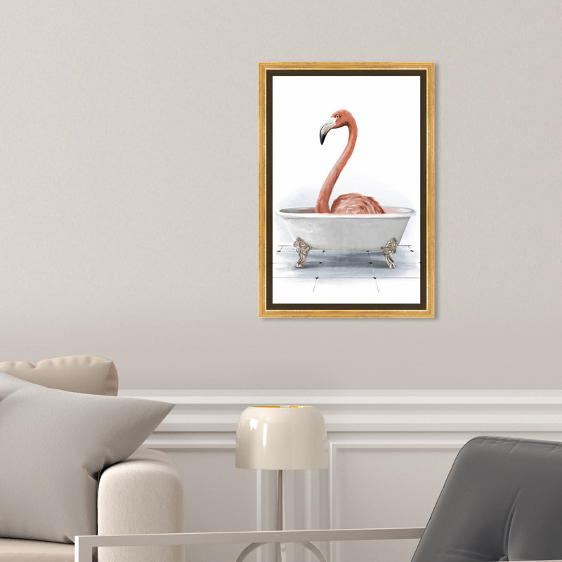 «Bathaign Flamingo», peinture sur toile à cadre flottant, H 45 po x l 30 po, Impression encadrée, Doré