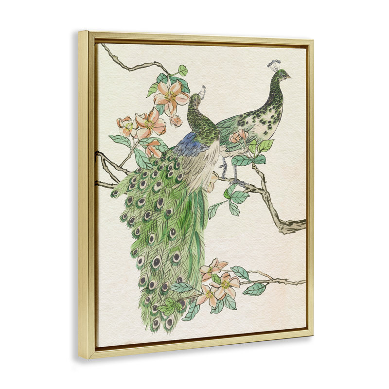 "Peacock pair on Branch", art mural sur toile flottante par Melissa Wang, Cadre flottant orme Montalcino, H 31 po x l 25 po
