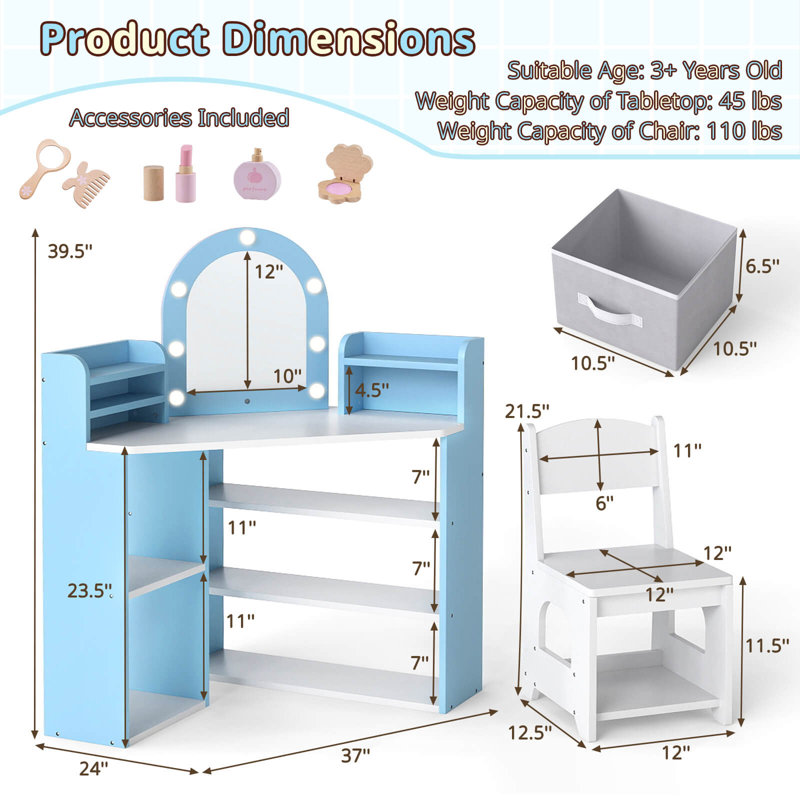 Corner Kids Vanity with Lights, 3 Storage Shelves, 5 Open Compartments, Accessories Blue + White, Blue/White