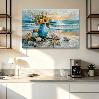 Coastal Watercolor Floral Seashell Stretched Canvas Wall Art - Gallery Wrapped - Living Room Decor