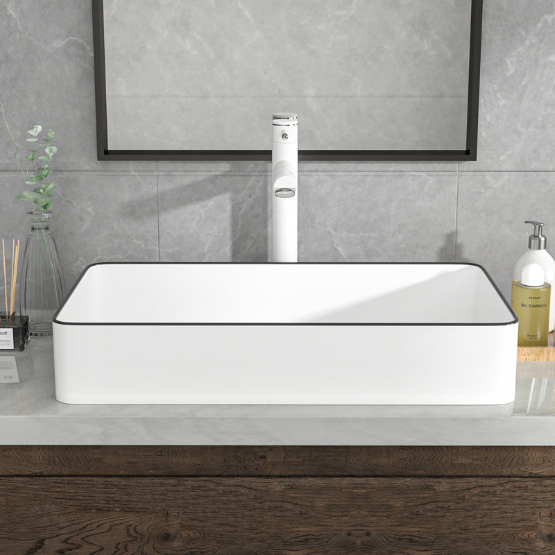 Mocoloo 24" x 14" Ceramic Rectangular Vessel Bathroom Sink with Decorative Rim, White/Black