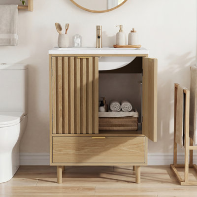 24" Freestanding Bathroom Vanity with Resin Sink, Bathroom Storage Cabinet with 2 Doors & Drawer