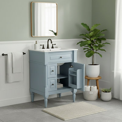 24 Inch Bathroom Vanity With Sink,Freestanding Bathroom Cabinet With Flip Drawer, Adjustable Shelf, Solid Rubberwood Frame, MDF Panels & Metal Handles