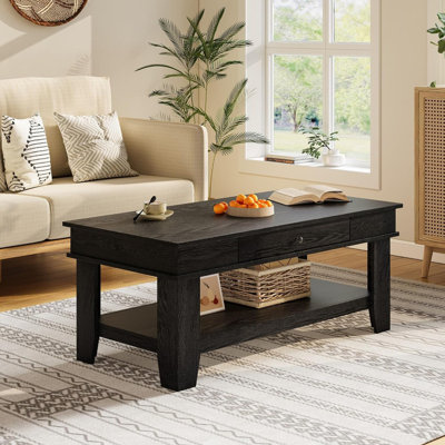 Rectangular Coffee Table with Drawer & Shelf, Rustic Finish Living Room Center Table, Stable Heavy Duty Storage