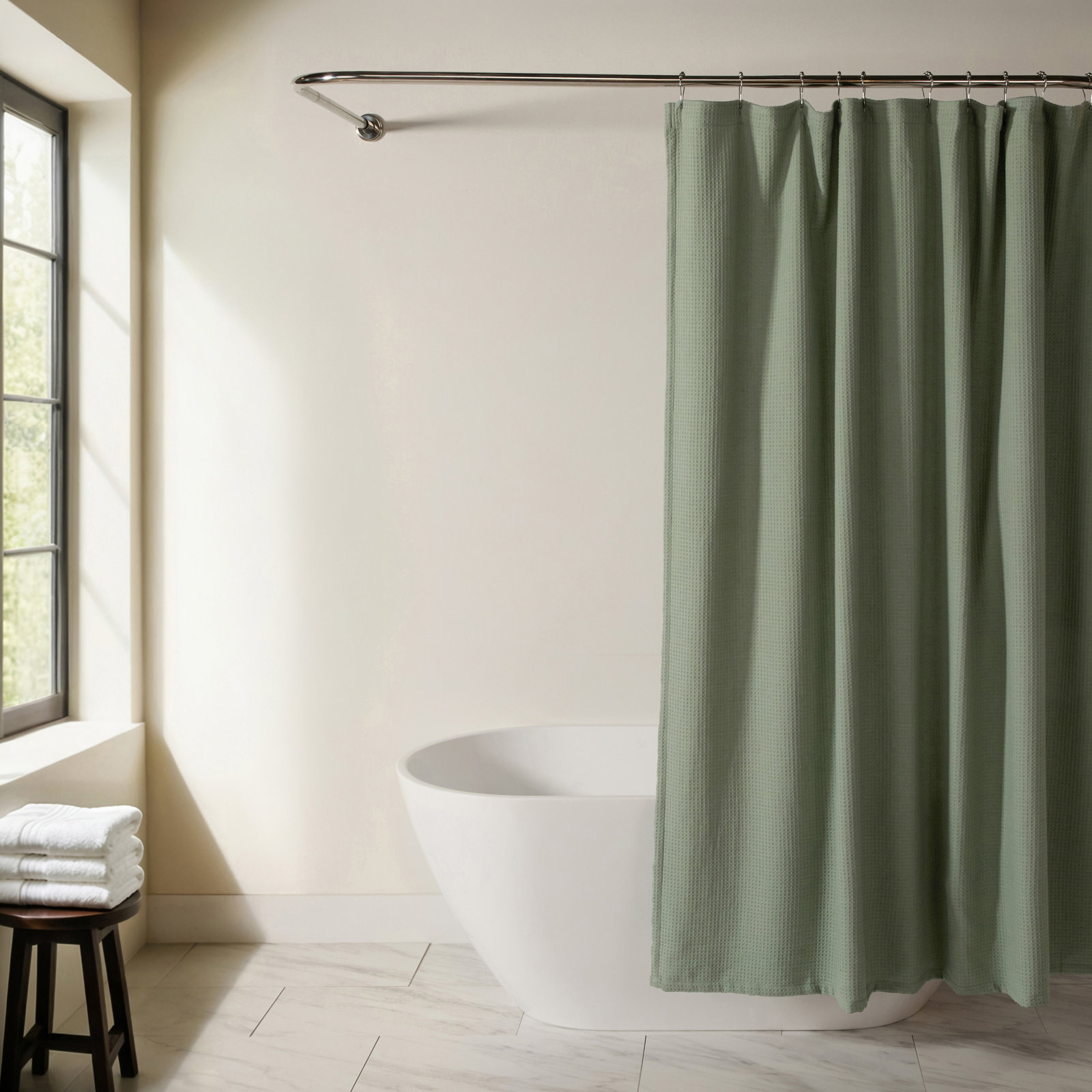 Waffle Textured Cotton Blend Shower Curtain, Green
