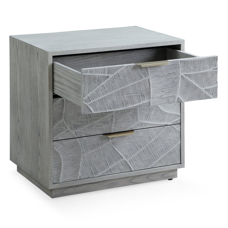 Table de chevet à 3 tiroirs en chêne gris avec porte sculptée à la main et poignées en acier inoxydable, Gris