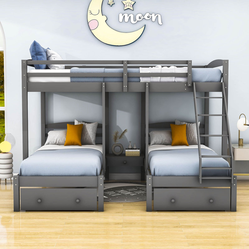 Full Over Twin & Twin 3 Drawer L-Shaped Bunk Beds