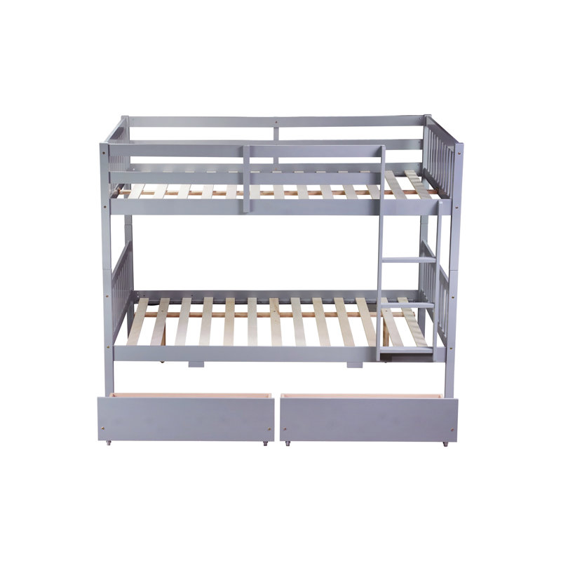 Lit superposé gris double avec lits amovibles et 2 tiroirs pratiques - finition en bois d'hévéa, Gris