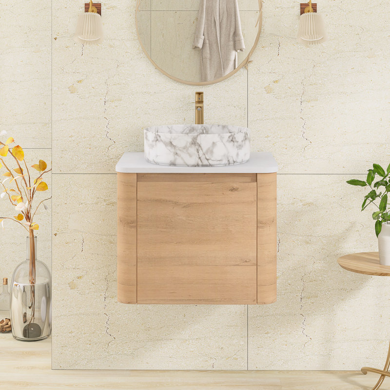 Meuble-lavabo mural simple 23,6 po avec dessus en pierre reconstituée, Imitative Oak