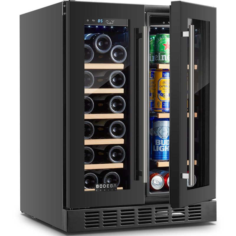 BODEGA 23.43" Dual Zone Wine & Beverage Refrigerator, 17-Bottle & 41-Can Built-In or Freestanding Cooler with Premium Full Glass Door, Black Finish, Digital Temperature Control
