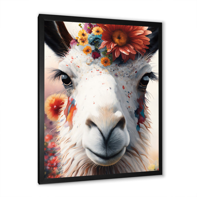 Lama avec fleurs II - reproduction sur toile, Impression noire sur toile encadrée, L 12 po x H 20 po