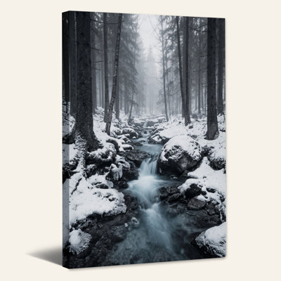 Snowy Forest Stream in Misty Woods Canvas Wall Art