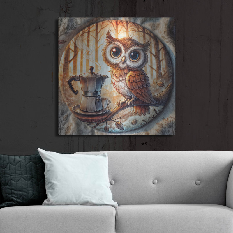 «Owl And Coffee» par Rey Klimt, art mural en métal
