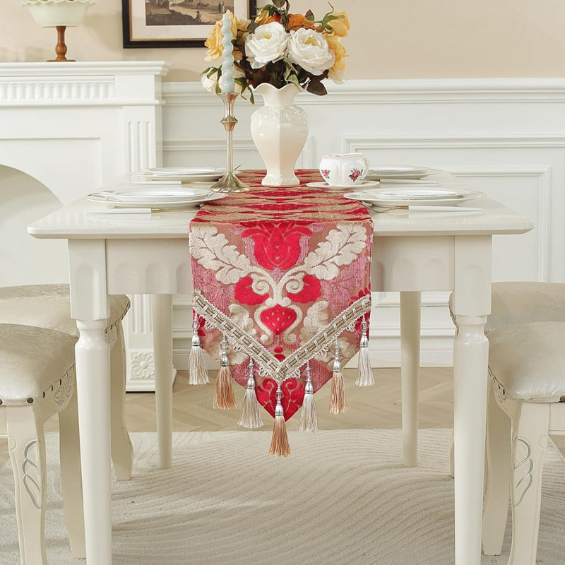 Chemin de table - Chenille rouge, jacquard brodé de luxe, pampilles multiples, décoration de salle à manger / commode / fête