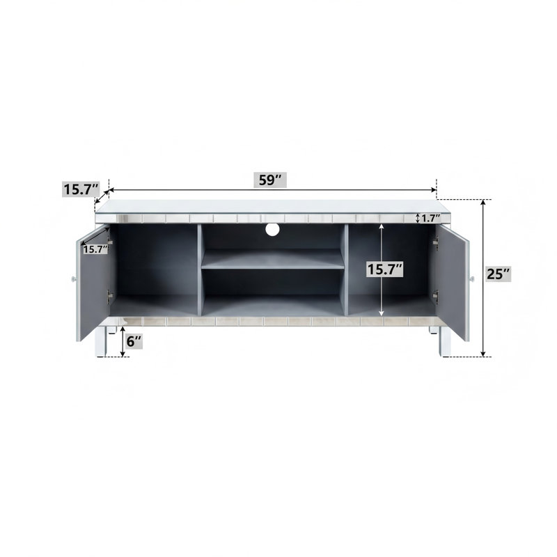 Console à miroir pour téléviseur de 65 pouces et plus mesurant l 59 po x H 25,2 po x P 15,7 po. Comprend un rangement ouvert, deux armoires et des portes de miroir en forme de losange étincelantes pour le salon.