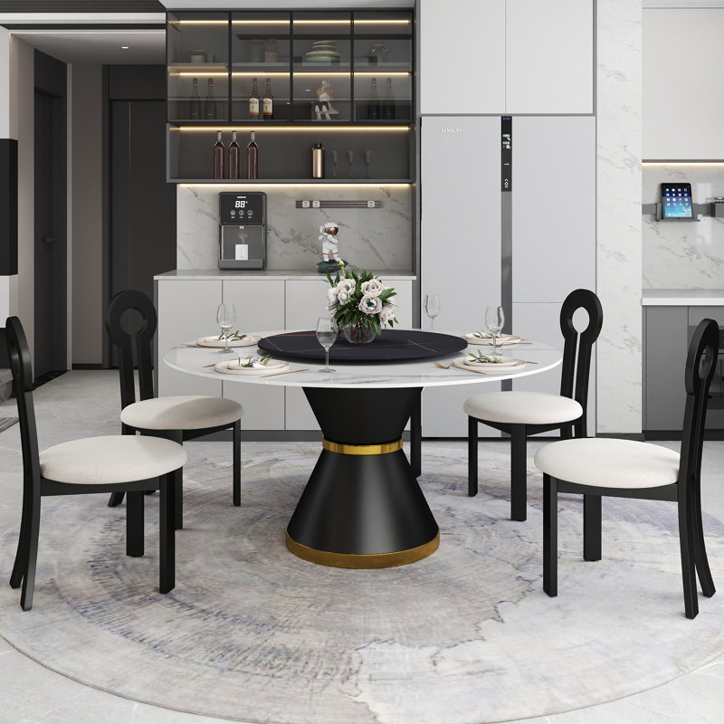 8 Seat Modern Round Sintered Stone Dining Table With Rotating Tray,modern Key-shaped Dining Chairs, White/Black