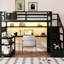 Lit mezzanine double avec escalier gauche ou droit, garde-robe, bureau en L, tablettes de rangement et 16 lumières à DEL de couleur, noir, capacité de 350 lb, choix de lumières intégrées, charge maximale