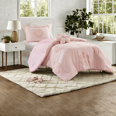 Floral 3-piece Chenille Bedding Sets, Pink Comforter With Throw Pillow For Modern Home