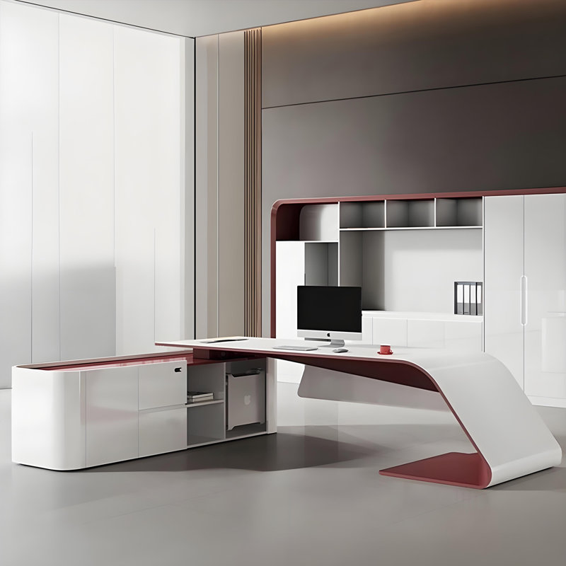 Bureau de direction en L 70,87 po blanc et rouge avec armoire latérale et serrure à combinaison