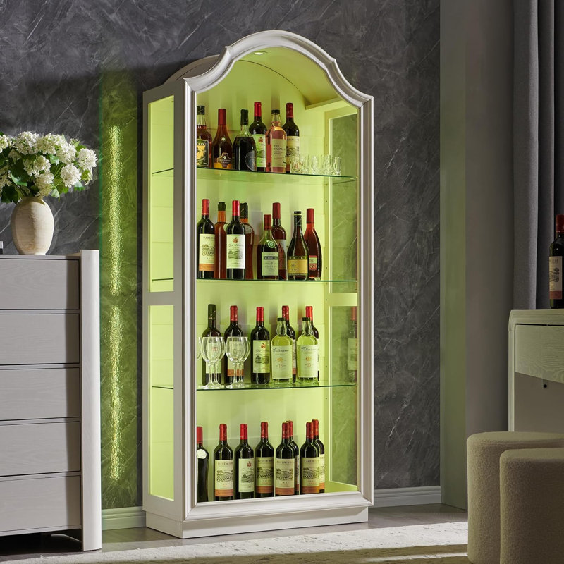 72" Arched Glass Display Cabinet, Modern Curio Cabinet With 20 Color Lights, 4-Tier Display Case Shelf With Brightness/Speed Adjustable For Living Room, Dining Room, Study Room-Antique White