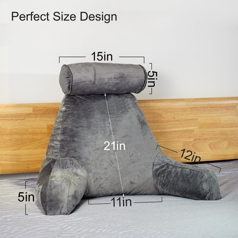 Extra Large Reading Pillow For Adults (Bed) - Backrest With Arms, Detachable Neck Cushion, Side Pocket & Shredded Foam, Washable Cover