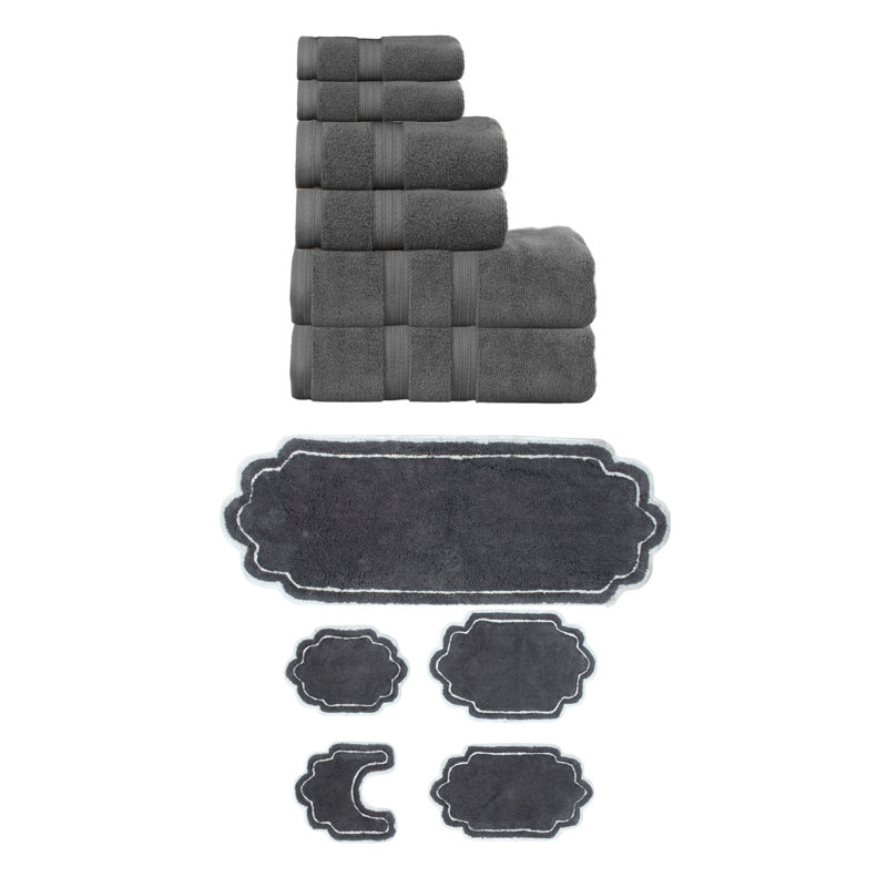 Talbert Collection 100% Soft Cotton 6 Pc Towel Set & 5 Pc Bath Rug Set, (Set of 11), Dark Gray