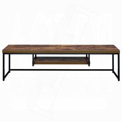Industrial Style TV Stand Black Metal Frame Living Room Furniture 1Pc Wooden Top Weathered Oak Finish Shelf
