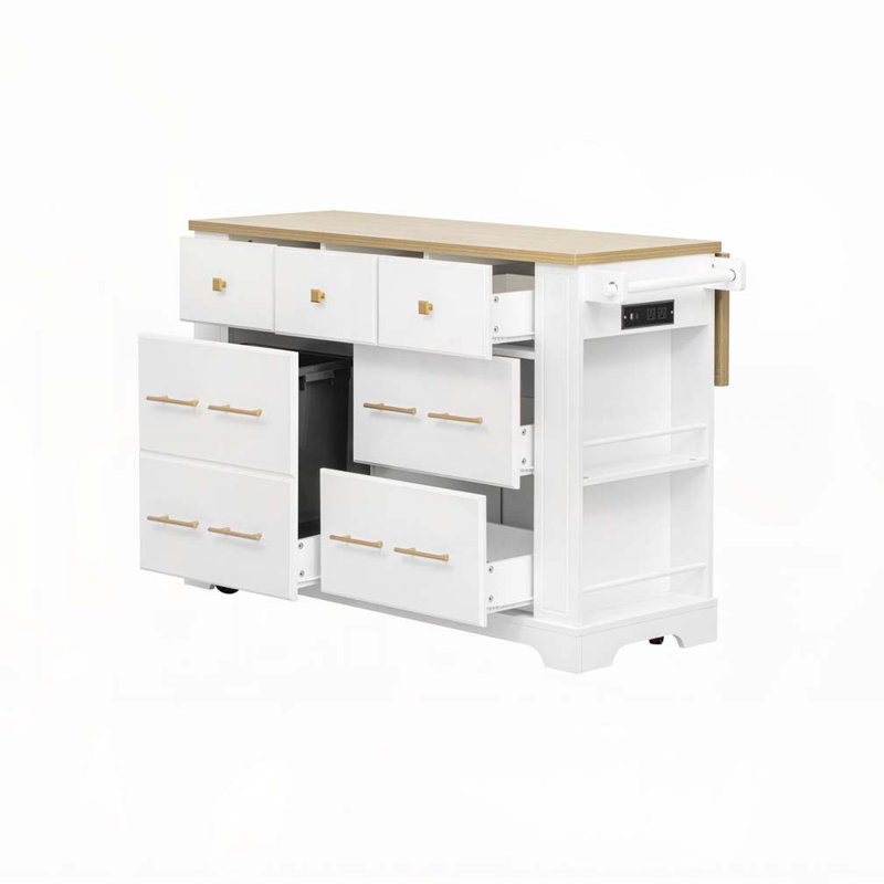 Kitchen Island with 6 Drawers, Pull Out Trash Can Storage, Rolling Kitchen Island on 5 Wheels with Drop Leaf