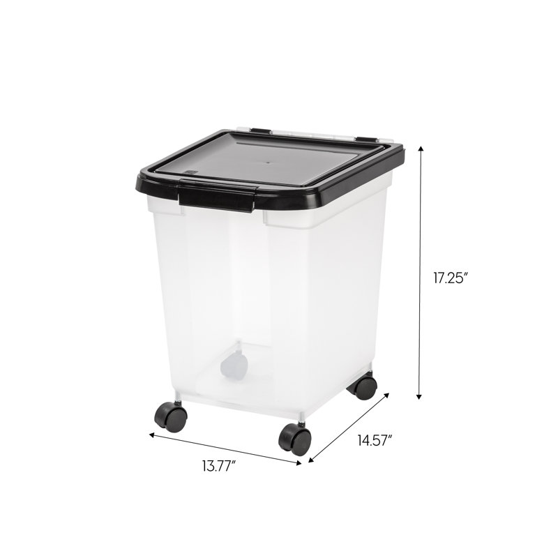 Clear and Black Airtight Plastic Food Storage Container with Casters, 32.5 Qt