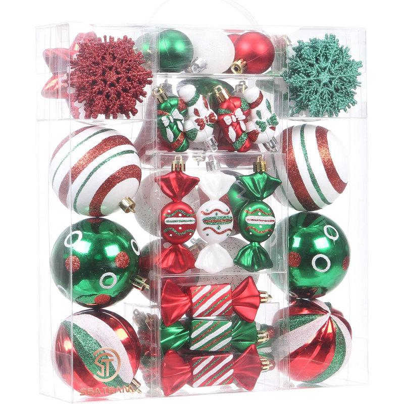Ensemble de 50 décorations de boules de Noël incassables assorties, babioles, cannes de bonbon, clochettes, flocons de neige, pendentifs, gouttes de fleur, décorations d'arbre de Noël, elf