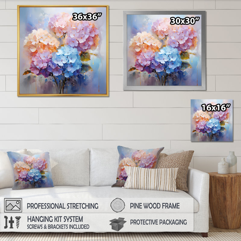 Délicat bouquet d'hortensias tendres pastel sur toile, Cadre simple blanc, H 16 po x l 16 po x P 1 po