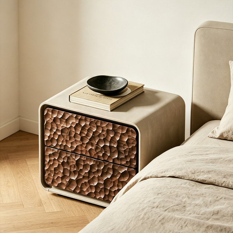 Table de chevet minimaliste ronde en cuir beige 15,75 "avec cadre en cuir rayé pour chat avec tiroirs en bois martelé noyer