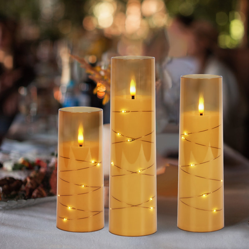 Bougie pilier sans flamme sans parfum avec support en acrylique, Jaune