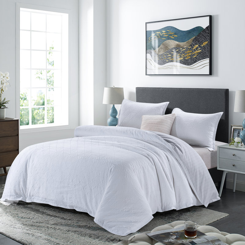  Washed Cotton Jacquard Reversible 3 Piece White Duvet Cover Set, Queen Duvet Cover + 2 Shams