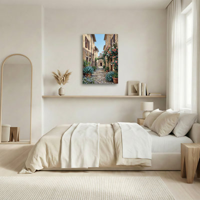 Cobblestone Alley with Climbing Roses and Bell Tower Canvas Wall Art