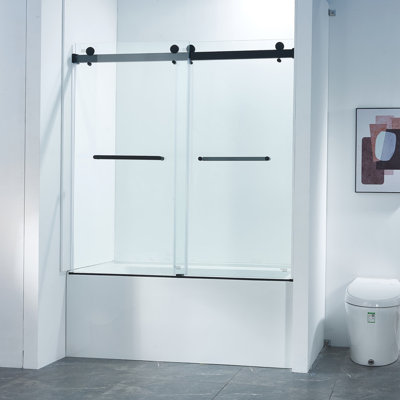56-60"W x 60"H Frameless Double Sliding Tub Shower Door, 304 Stainless Steel in Matte Black, 5/16" (8mm) Thick SGCC Tempered Clear Glass.