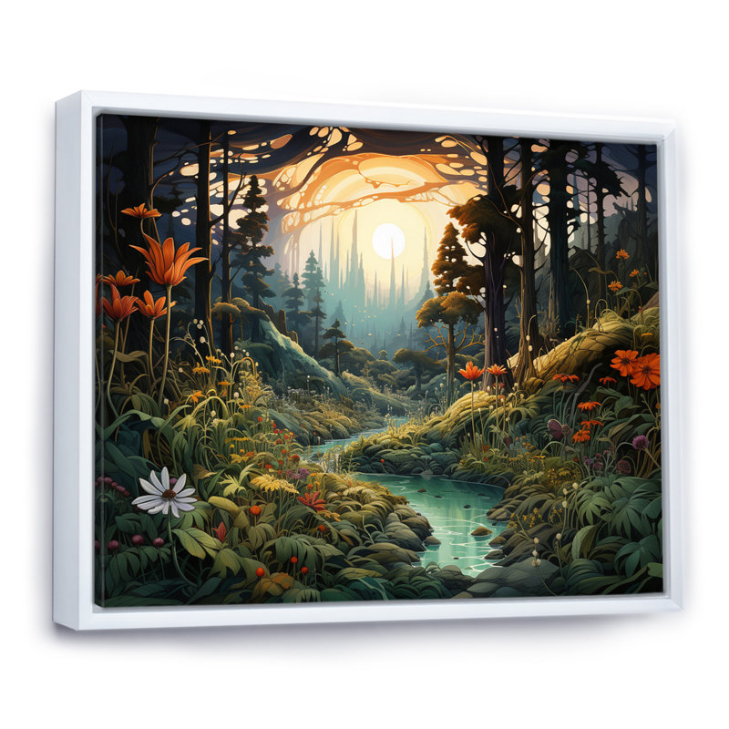 Forêt, rêverie, petite rivière, coucher de soleil, forêt, Cadre flottant blanc, 12" H x 20" W