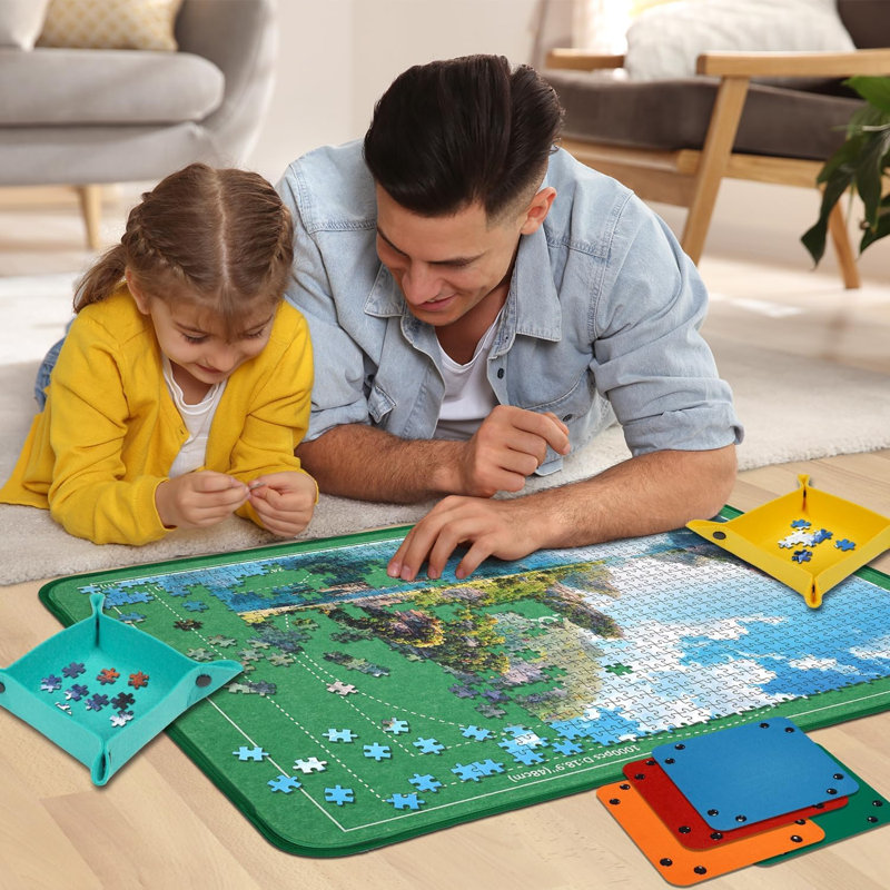 Ensemble de tapis de jeu en feutre avec housse de rangement, 6 plateaux de tri et support de casse-tête ajustable, plateau de jeu portatif antidérapant pour 1000 pièces, tapis de rangement à roulettes
