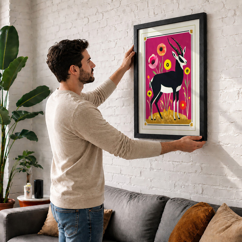 Deer Among Flowers Modern - Single Picture Frame Print, A4 - 29.7 x 21.0 cm, White