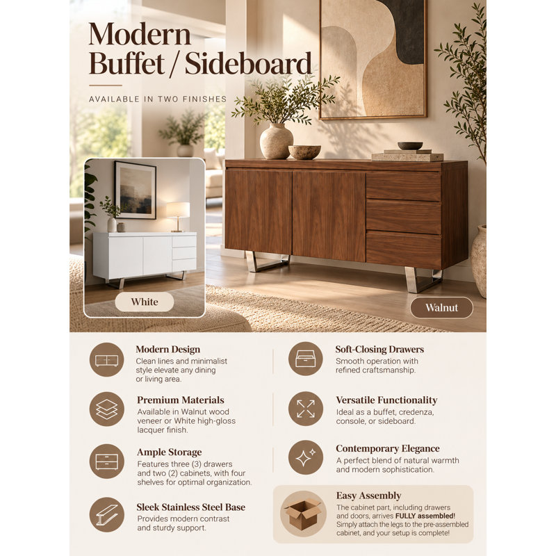     Camrun Sienna Buffet – Modern White Sideboard with Storage Drawers and Cabinets, Contemporary Dining Room Credenza - Glossy Lacquer - White Buffet
