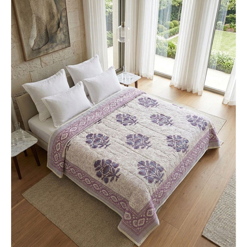 100% Cotton Muslin Reversible Comforter | Hypoallergenic Jaipur Hand Block Print, Purple, King